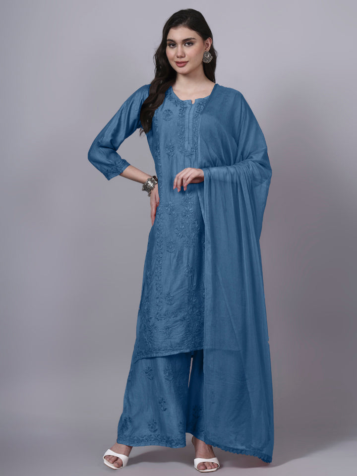 Women Hand Embroidered Chikankari Chanderi Kurta Set with dupatta PC4136KS Blue