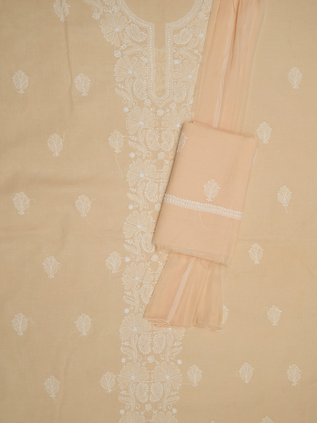 Women Hand Embroidered Cotton Chikankari Dress MaterialPCSCU00104FS-APRICOTPEACH