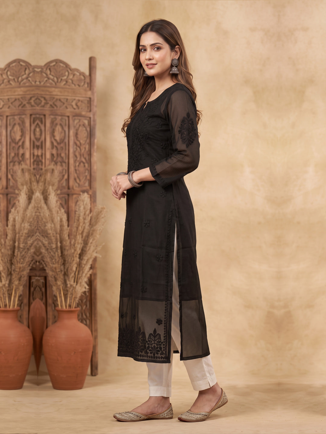 Hand Embroidered Chikankari Kota Cotton straight Kurta with Matching Slip-PC3540N