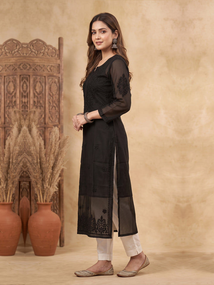 Hand Embroidered Chikankari Kota Cotton straight Kurta with Matching Slip-PC3540N