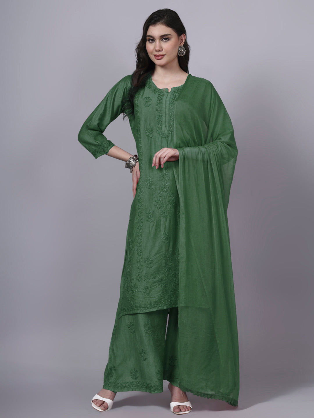 Women Hand Embroidered Chikankari Chanderi Kurta Set with dupatta PC4136KS Green