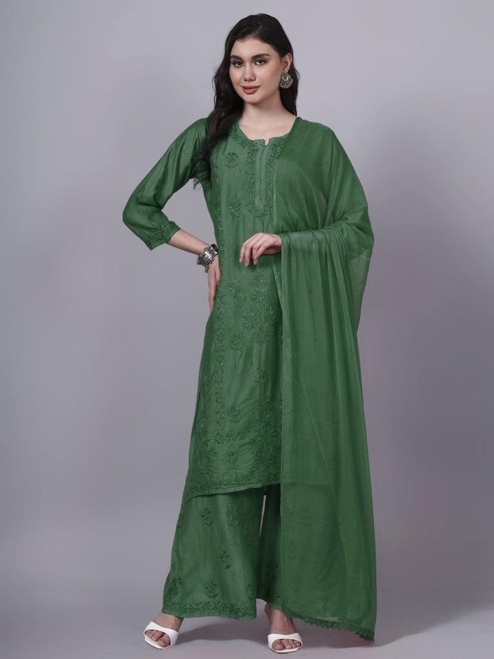 Women Hand Embroidered Chikankari Chanderi Kurta Set with dupatta PC4136KS Green