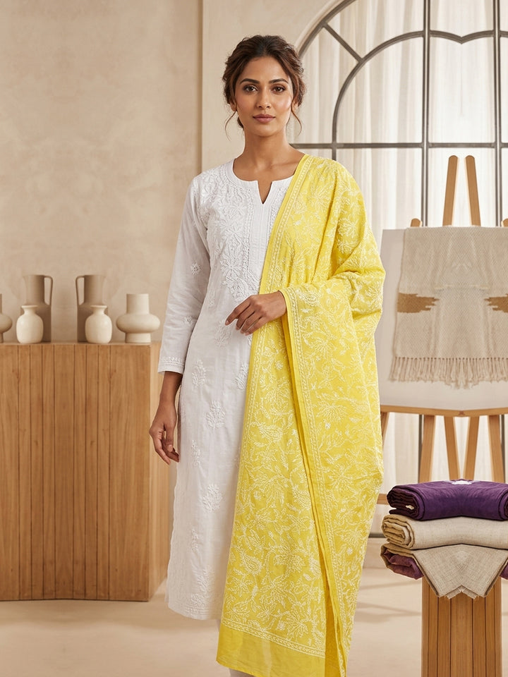 Women Hand Embroidered Cotton Chikankari Dupatta-PC4111 Darkyellow