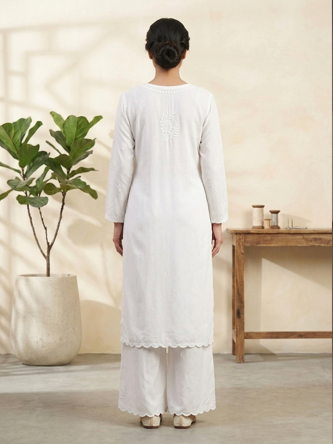 Women Hand Embroidered Chikankari Rayon Kurta Set With Cut Work PC4132KS White