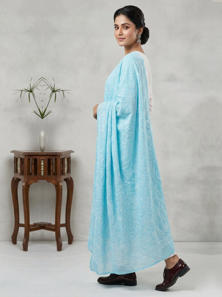 Women Hand Embroidered Cotton Chikankari Dupatta-PC4111 Turquoise
