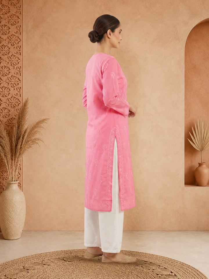 Hand Embroidered Chikankari Cotton Straight Kurta- PC3579 Coral