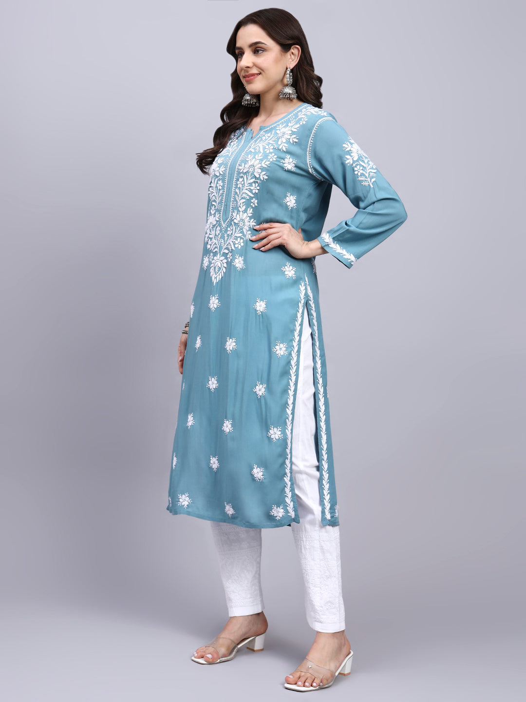 Hand Embroidered Chikankari Modal Straight Kurta- PC4059 Teal