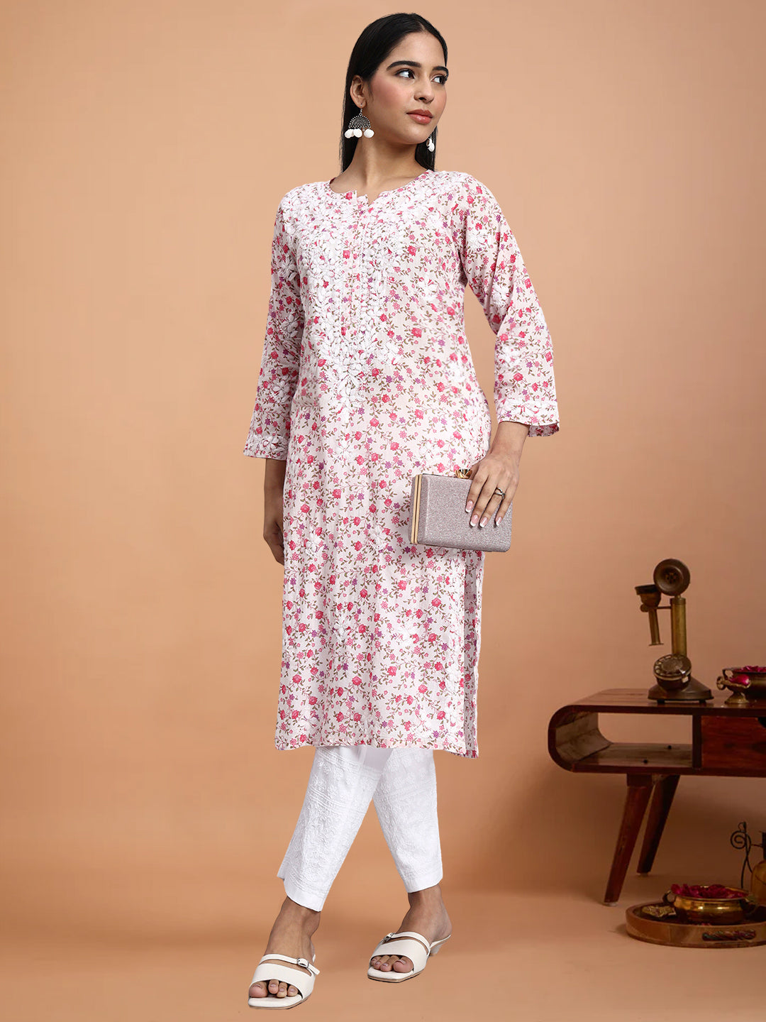 Hand Embroidered Chikankari Mulmul Printed Straight Kurta- PC4105