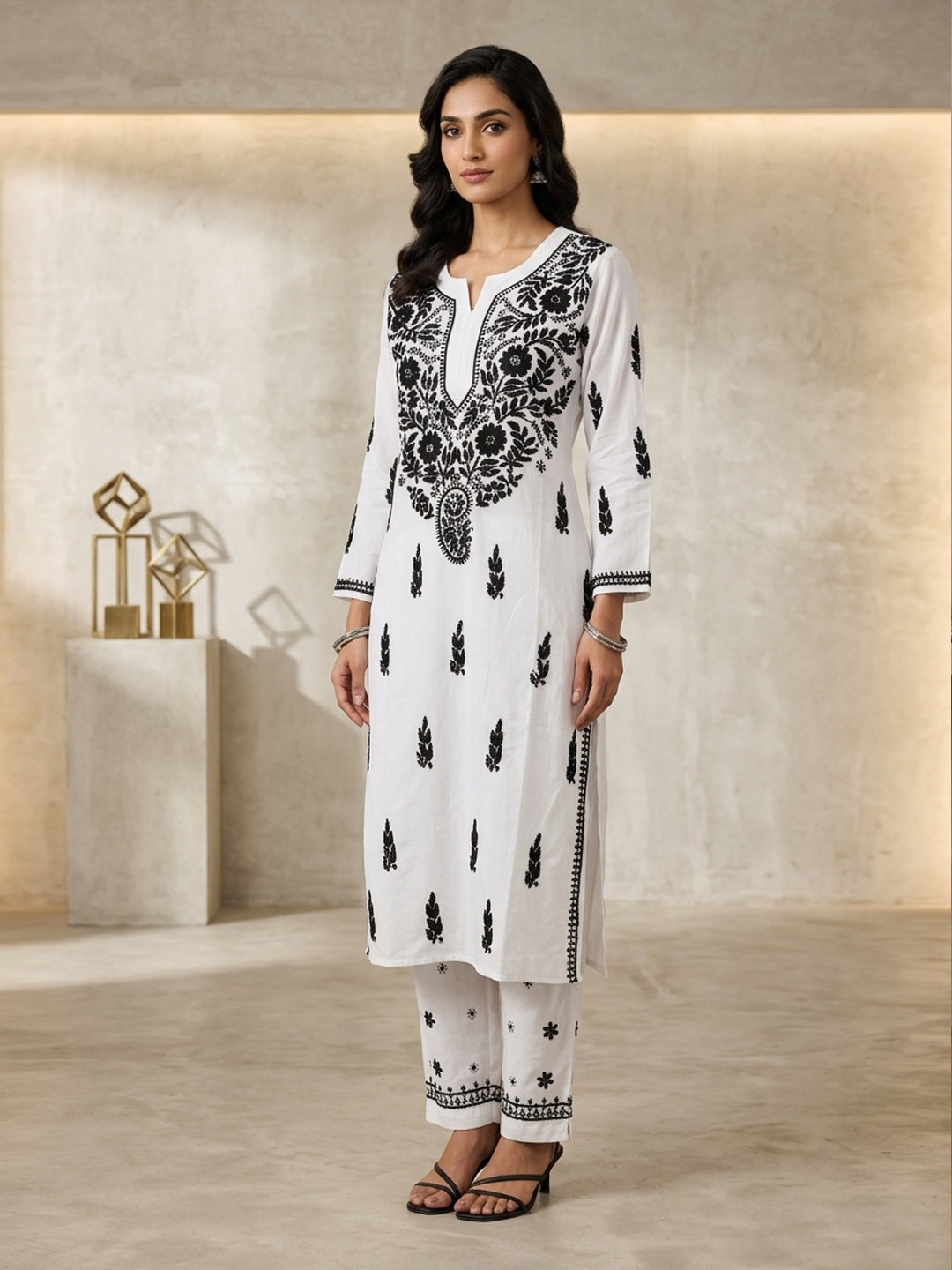 Women Hand Embroidered Chikankari Modal kurta set PC3451KS-WHITEANDBLACK