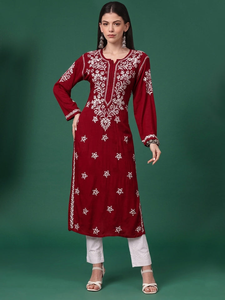 Hand Embroidered Chikankari Modal Straight Kurta PC4059-Red