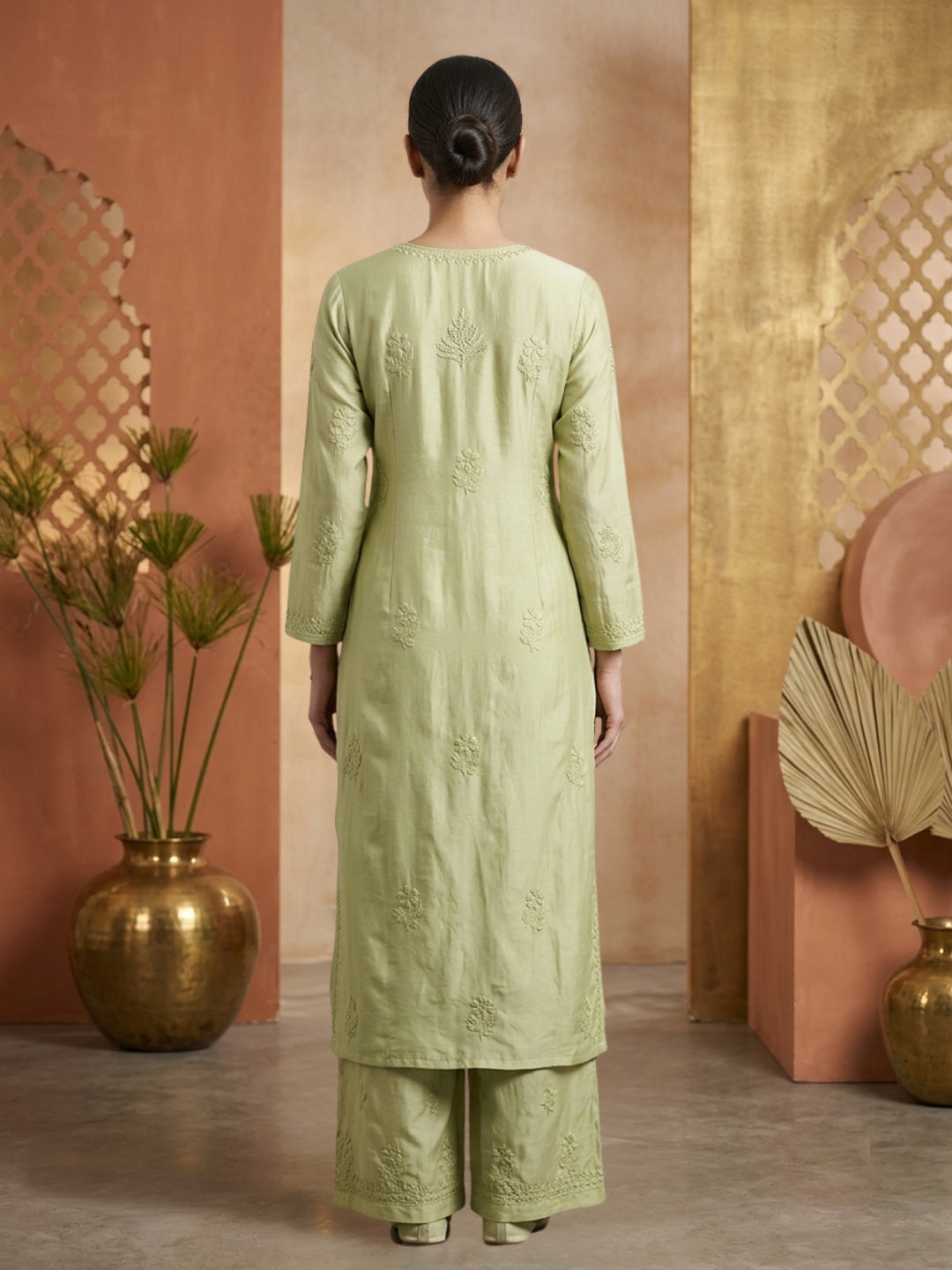 Women Hand Embroidered Chikankari Muslin Kurta Set PC4118KS-OLIVE