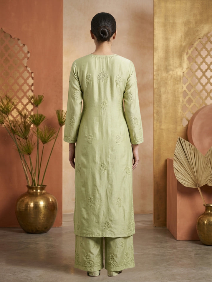 Women Hand Embroidered Chikankari Muslin Kurta Set PC4118KS-OLIVE