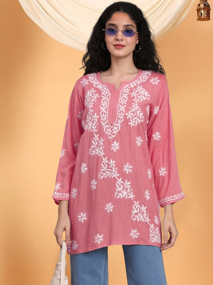 Women Hand Embroidered Chikankari Rayon Kurti PC4071 Peachpuff