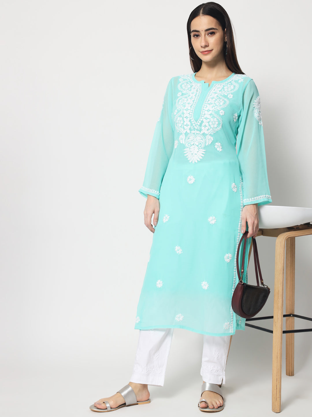 Hand Embroidered Georgette Straight Kurta With Matching Slip-PC3512