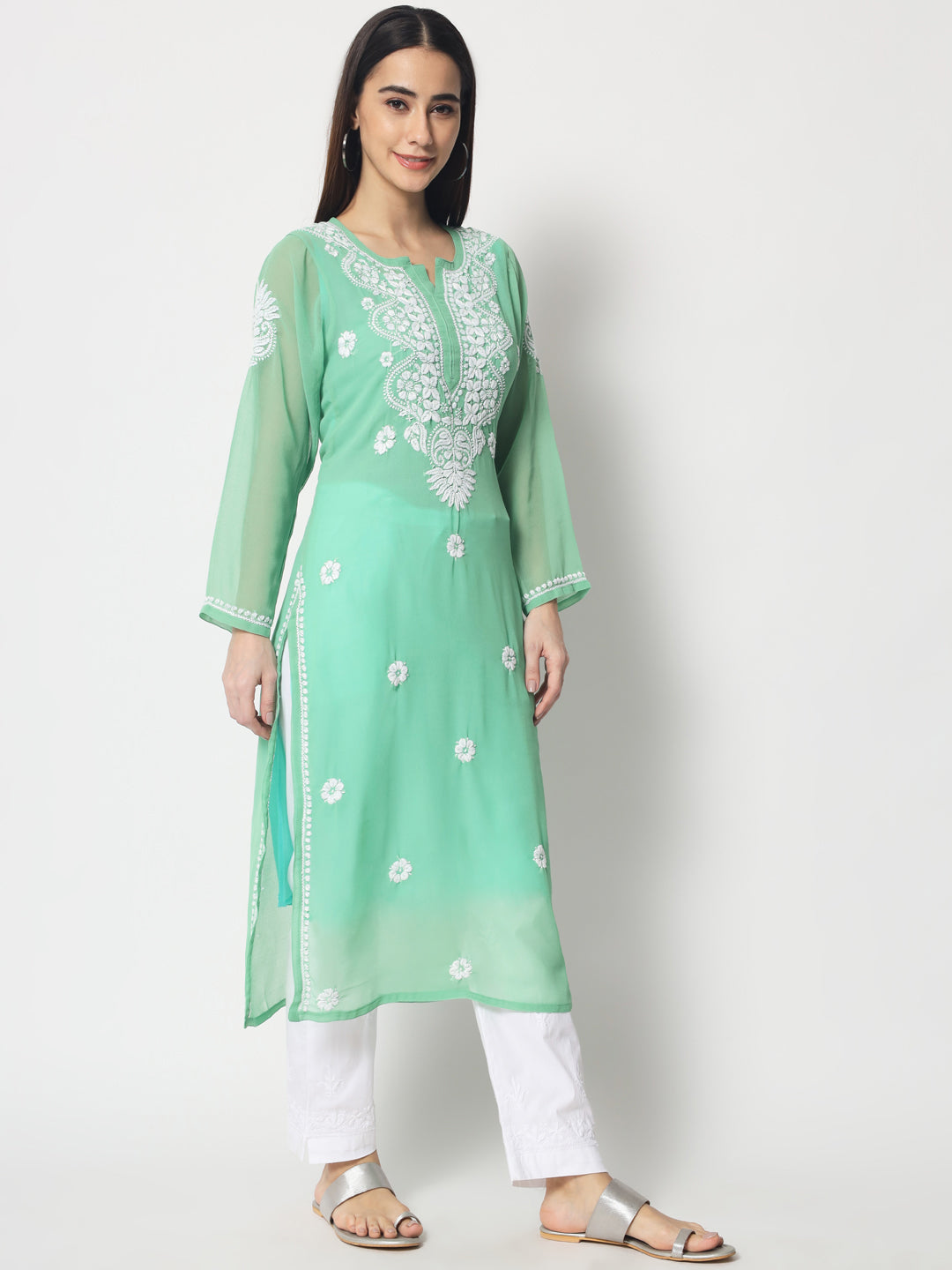 Hand Embroidered Georgette Straight Kurta With Matching Slip-PC3512