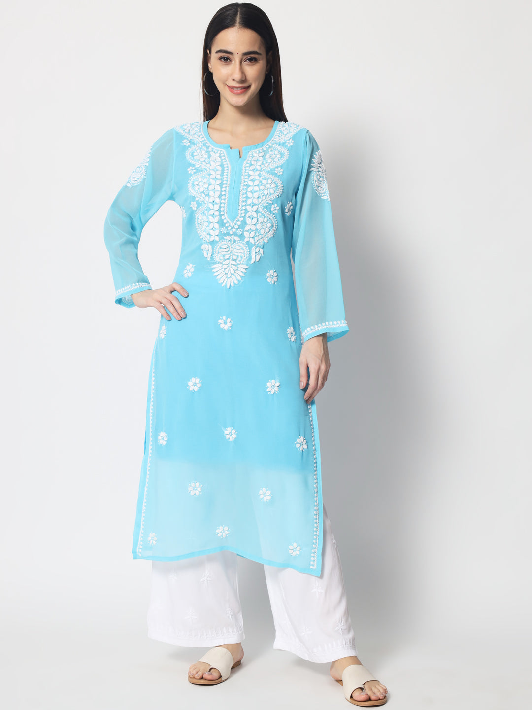 Hand Embroidered Georgette Straight Kurta With Matching Slip-PC3512