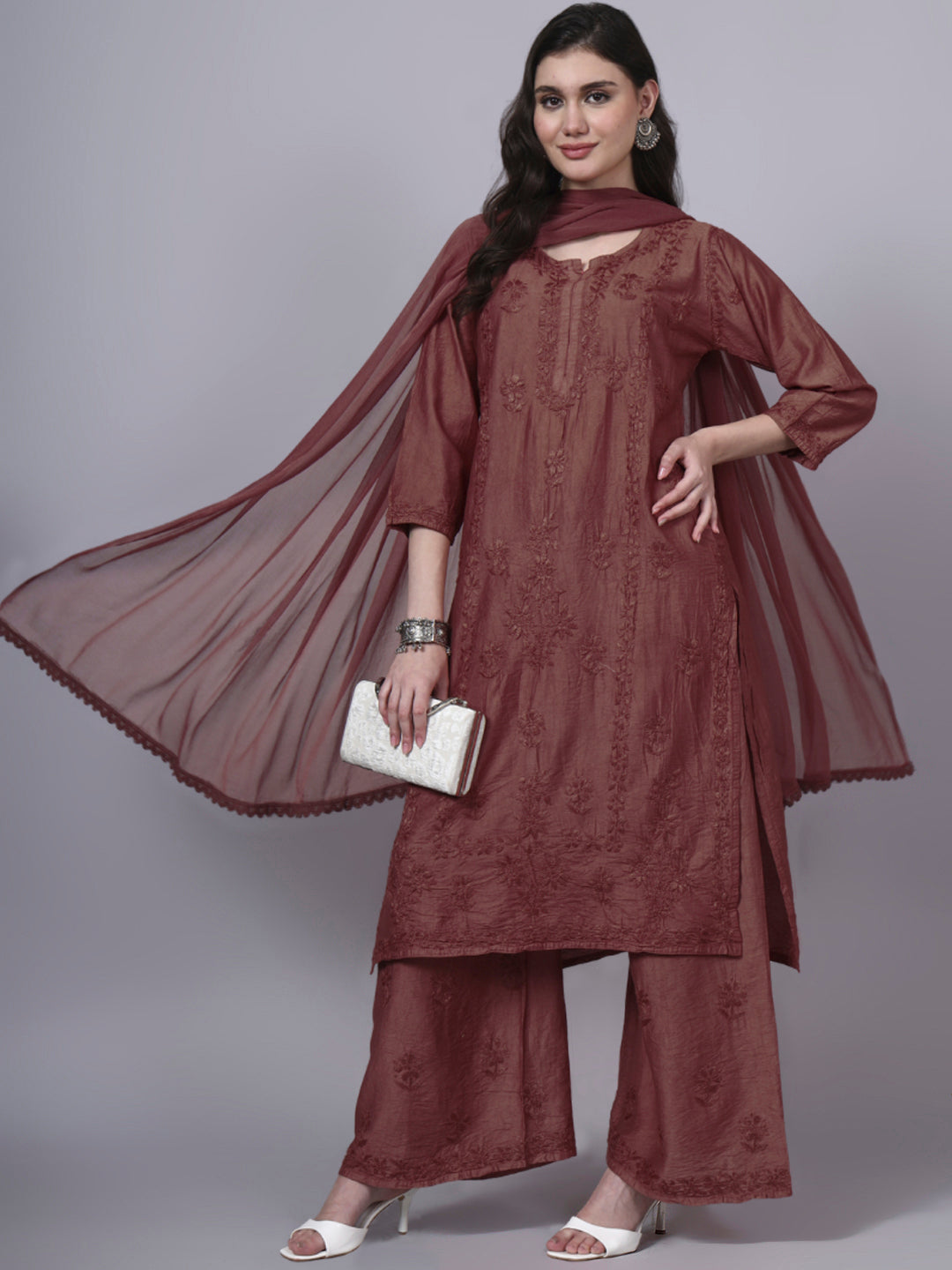 Women Hand Embroidered Chikankari Chanderi Kurta Set with dupatta PC4136KS Brown