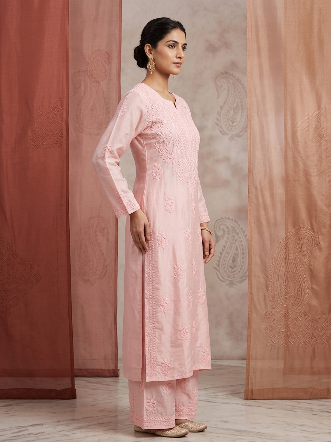Women Hand Embroidered Chikankari Muslin Kurta Set PC4118KS-PEACH