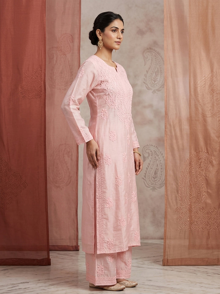 Women Hand Embroidered Chikankari Muslin Kurta Set PC4118KS-PEACH