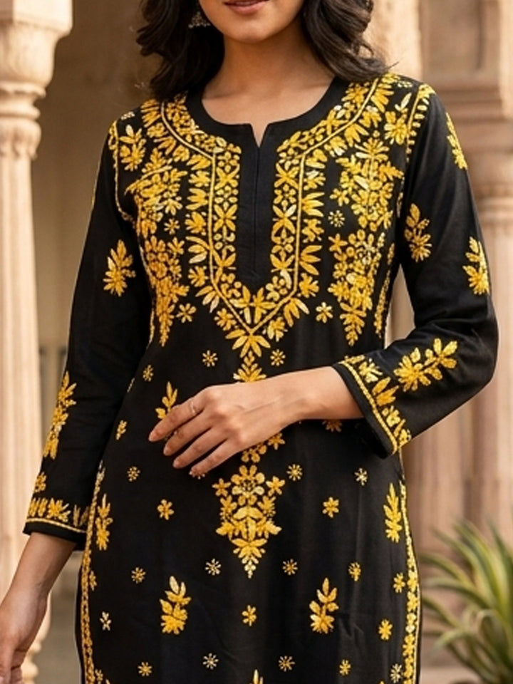 Hand Embroidered Chikankari Modal Straight Kurta PC4113 Yellow