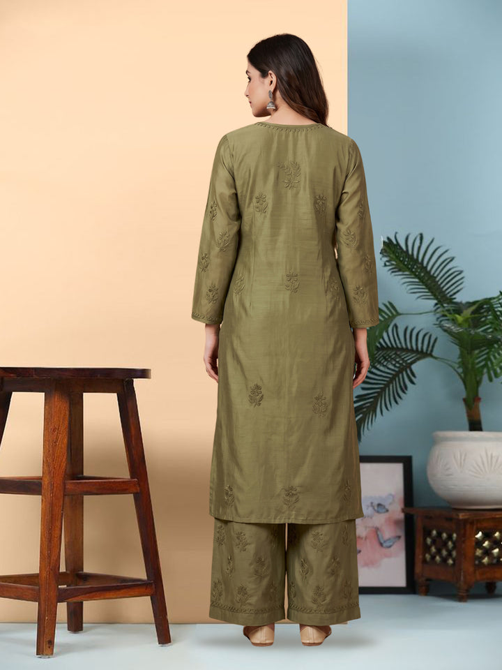 Women Hand Embroidered Chikankari Chanderi Kurta Set PC4119KS Olivegreen