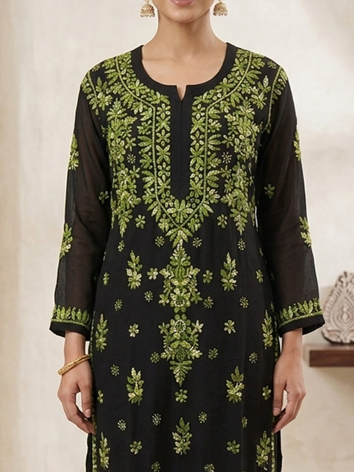 Hand Embroidered Chikankari Modal Straight Kurta PC4113 Green