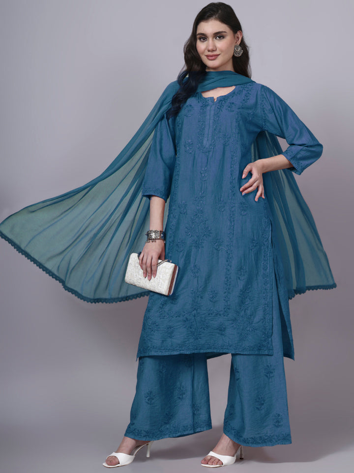 Women Hand Embroidered Chikankari Chanderi Kurta Set with dupatta PC4136KS Blue