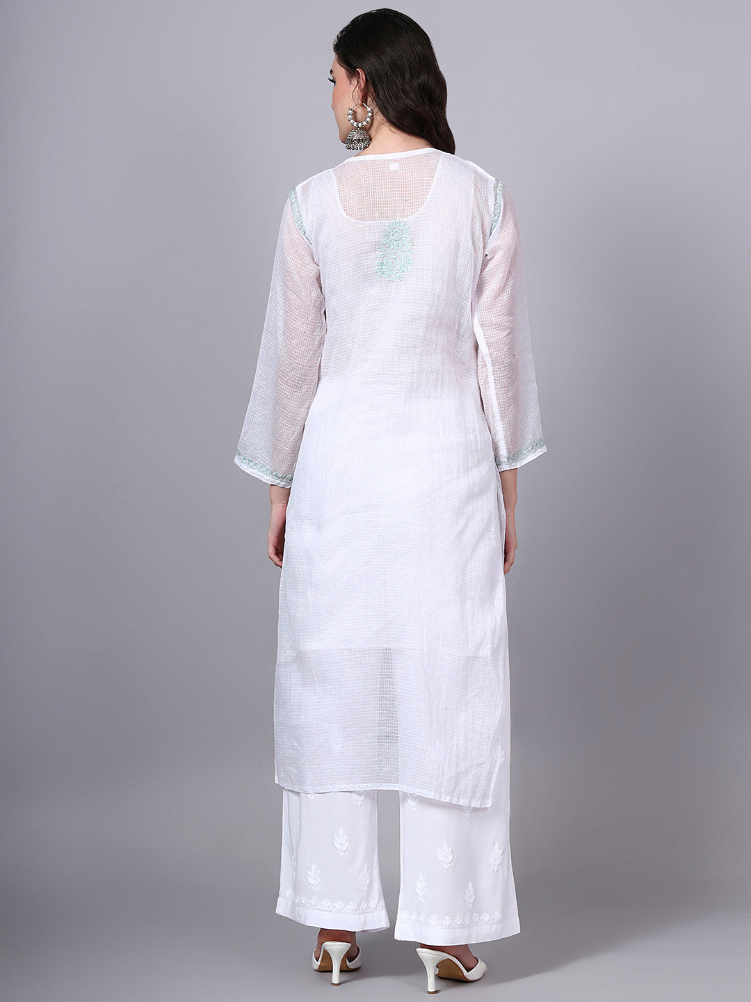 Hand Embroidered Chikankari Kota Cotton Straight Kurta With Matching Slip- PC4137 Seagreen