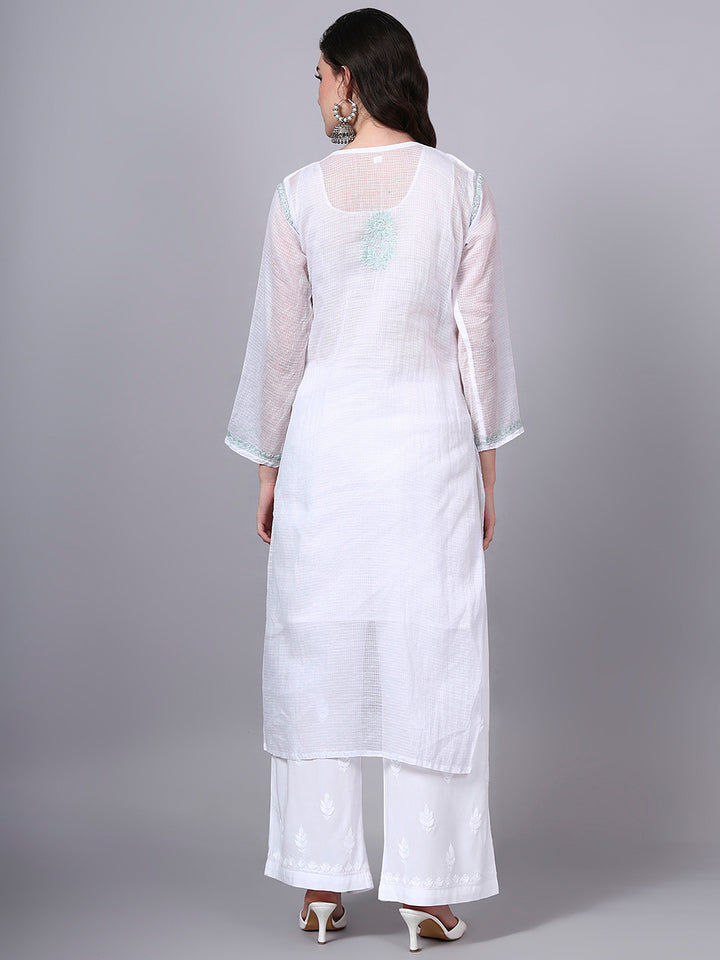 Hand Embroidered Chikankari Kota Cotton Straight Kurta With Matching Slip- PC4137 Seagreen
