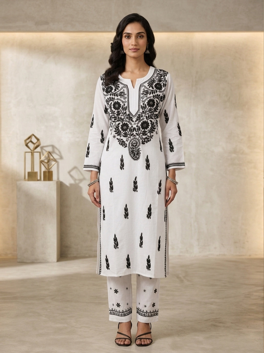 Women Hand Embroidered Chikankari Modal kurta set PC3451KS-WHITEANDBLACK