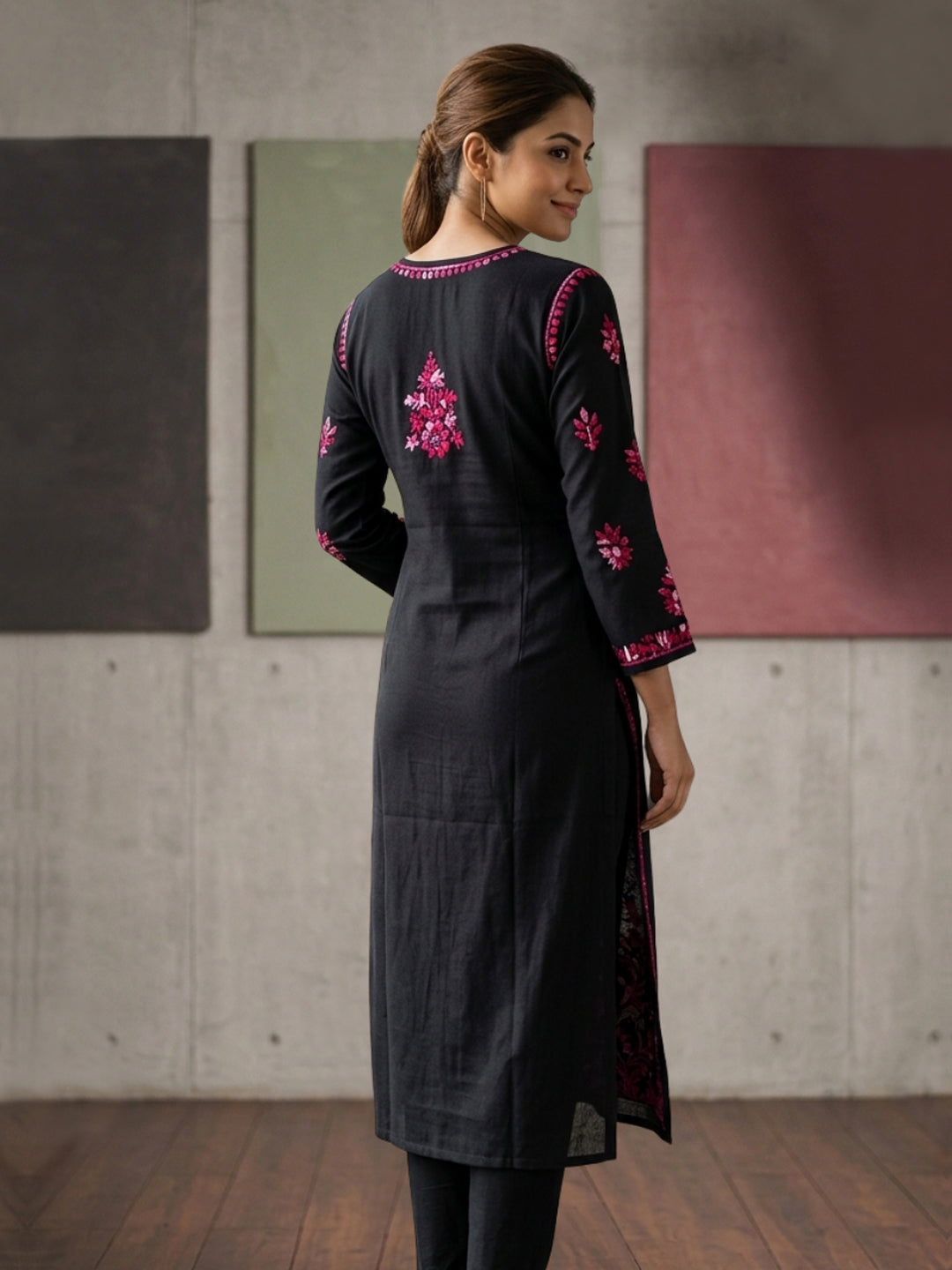 Hand Embroidered Chikankari Modal Straight Kurta PC4113 Magenta
