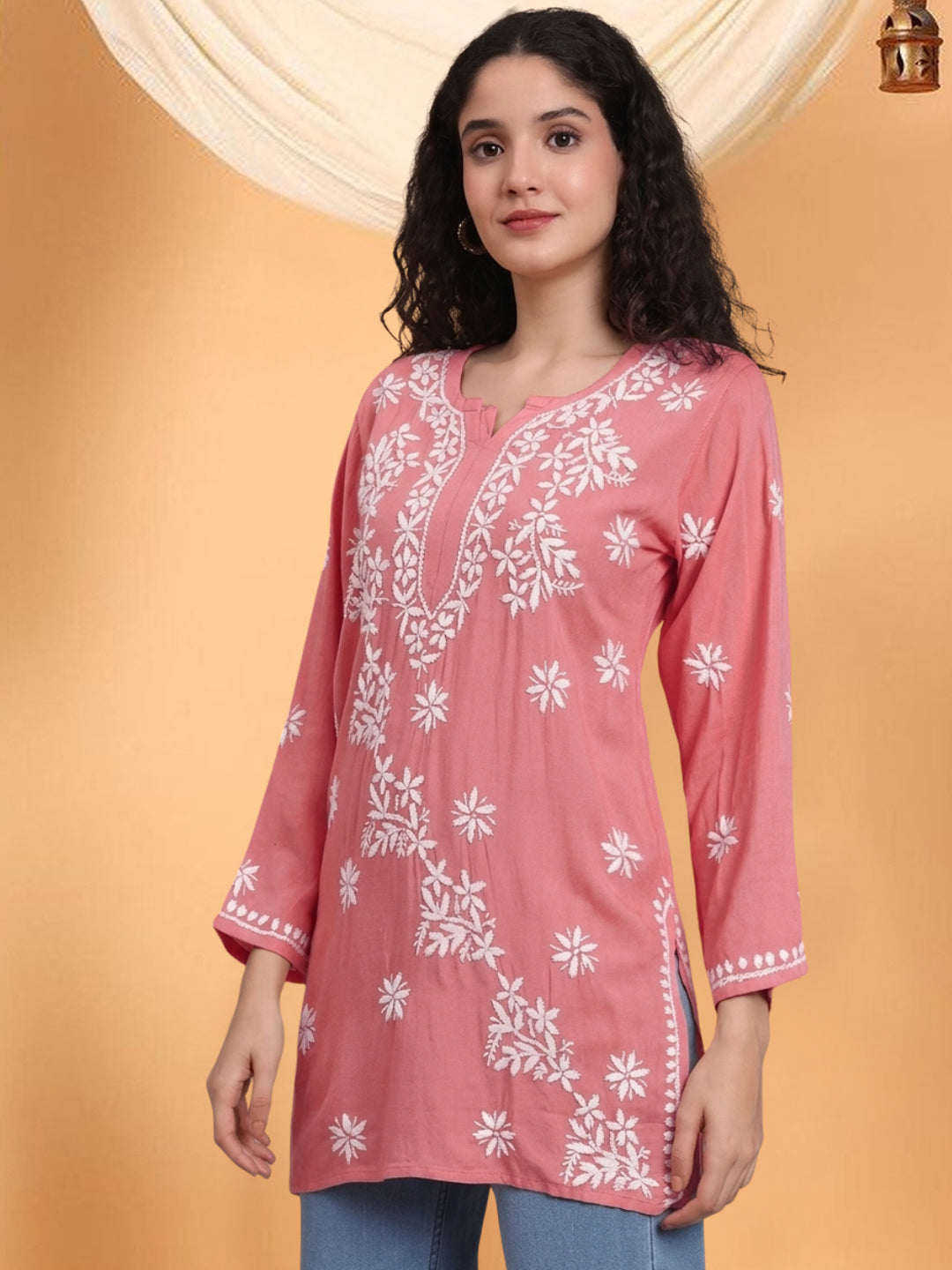 Women Hand Embroidered Chikankari Rayon Kurti PC4071 Peachpuff