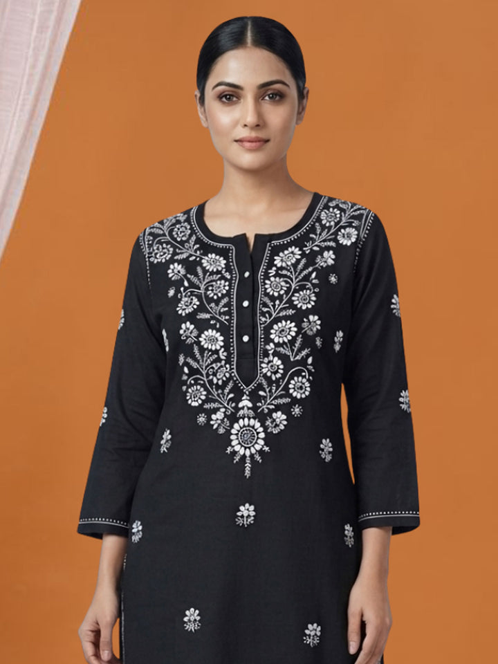 Hand Embroidered Chikankari Straight Floral Cotton Kurta-NTV115 Black