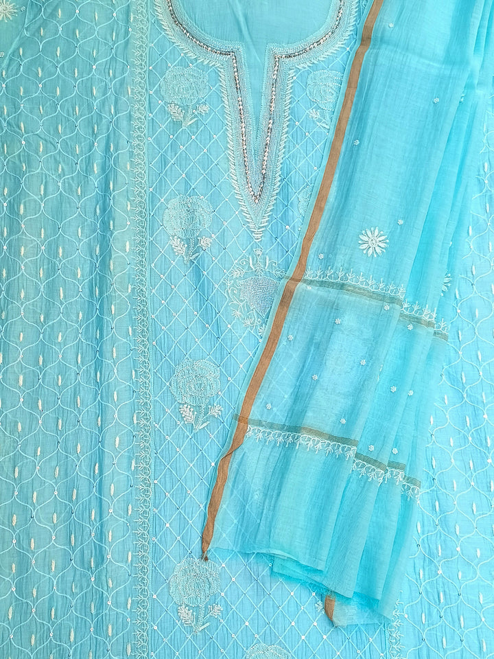Women Hand Embroidered Chanderi Chikankari Dress Material PCSCA85201FS-BLUE
