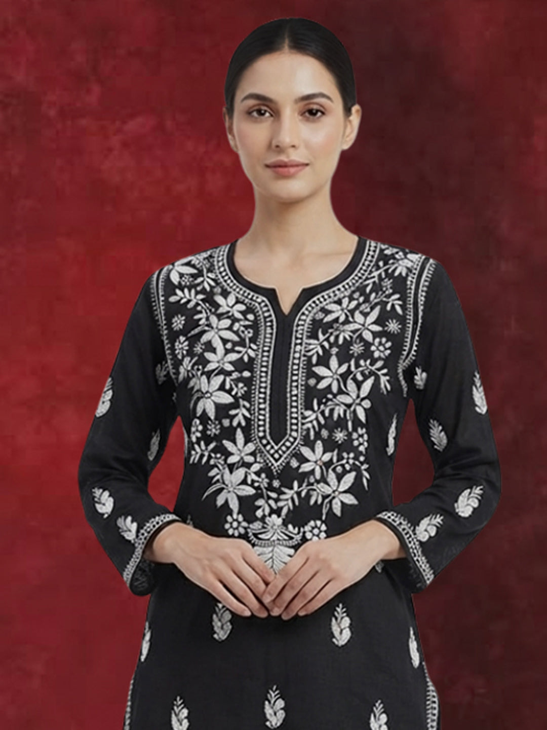 Hand Embroidered Chikankari Cotton Straight Kurta-PC3372 Black