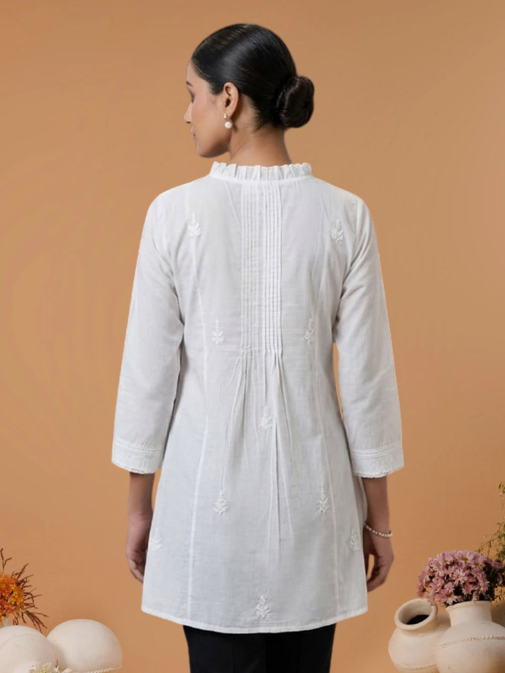White and Pink Chikankari Cotton Tunic with Ruffle Neck – Front View