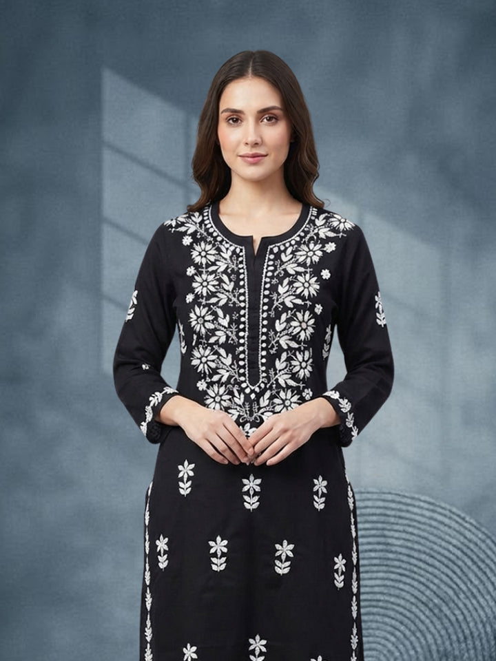 Women Hand Embroidered Chikankari Cotton Kurta Set PC4135KS Black