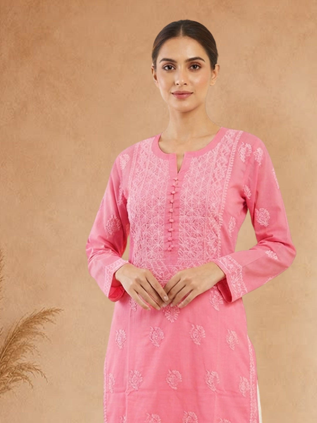 Hand Embroidered Chikankari Cotton Straight Kurta- PC3579 Coral