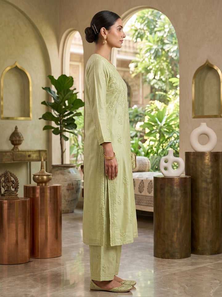 Women Hand Embroidered Chikankari Muslin Kurta Set PC4118KS-OLIVE