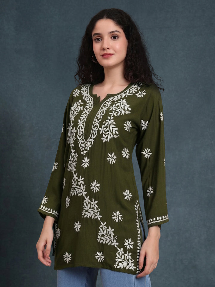 Women Hand Embroidered Chikankari Rayon Kurti PC4071 Olive