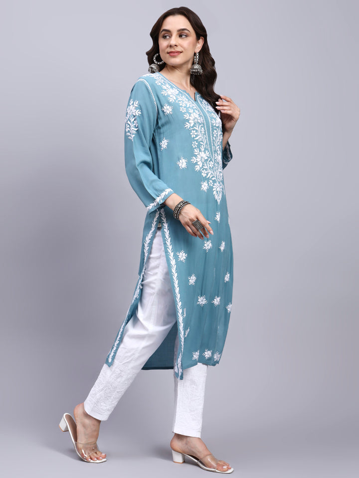Hand Embroidered Chikankari Modal Straight Kurta- PC4059 Teal