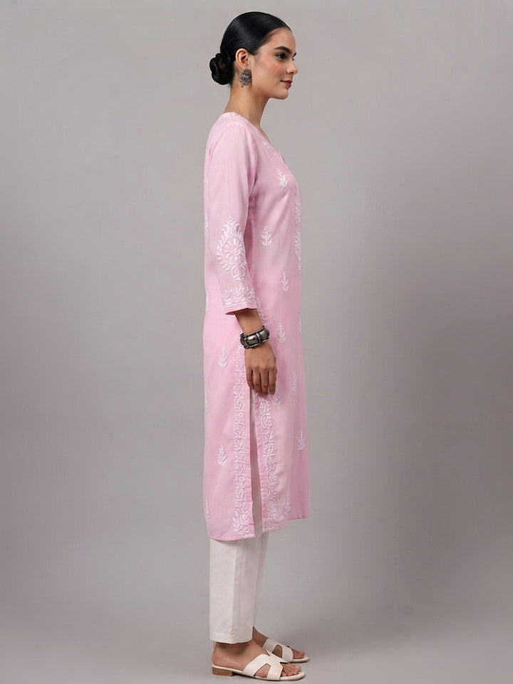 Women Hand Embroidered Chikankari Rayon Kurta PC4076 Pink