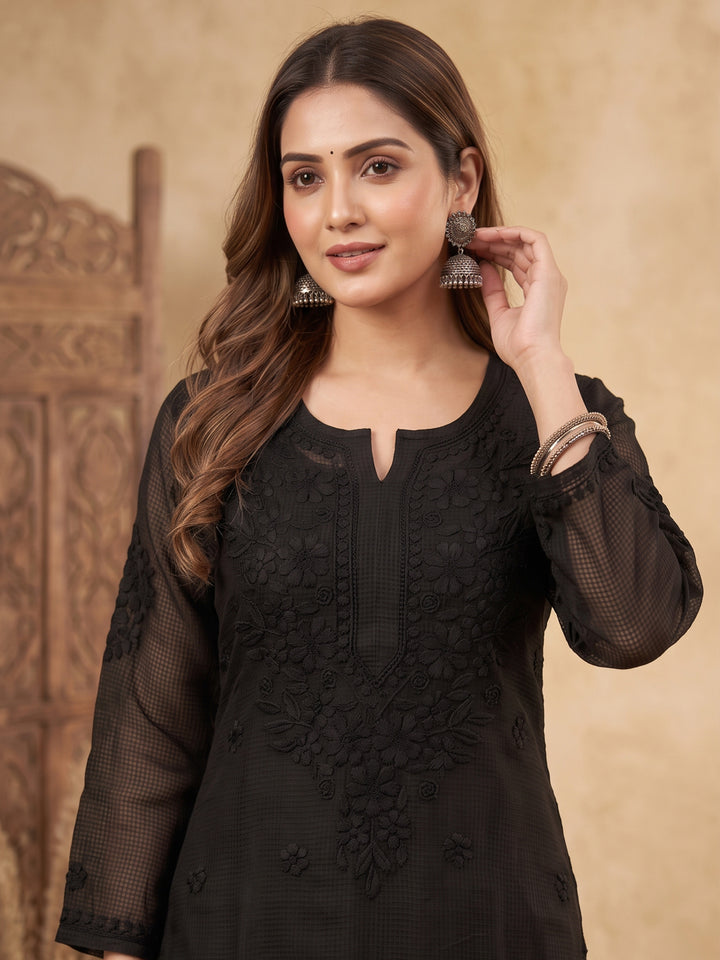 Hand Embroidered Chikankari Kota Cotton straight Kurta with Matching Slip-PC3540N