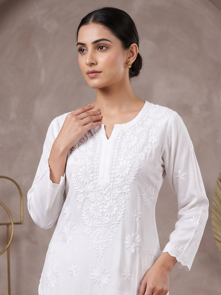 Women Hand Embroidered Chikankari Rayon Kurta Set With Cut Work PC4132KS White