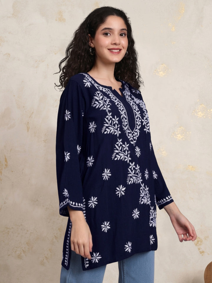 Women Hand Embroidered Chikankari Rayon Kurti PC4071 Darknavy