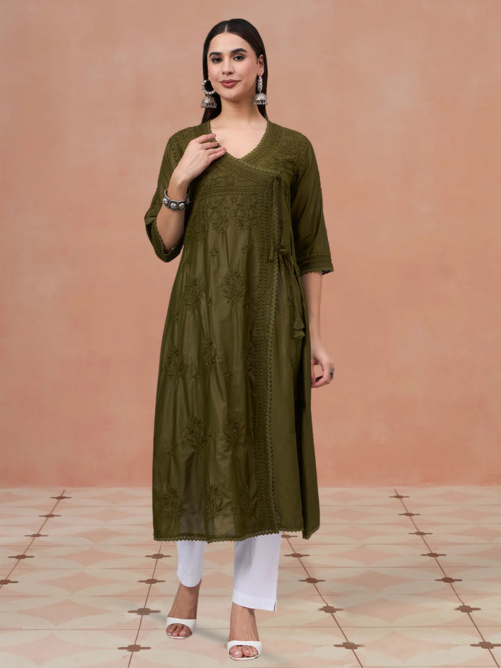 Women chikankari hand Embroidered Chanderi Angrakha kurta-PC3667 Olive