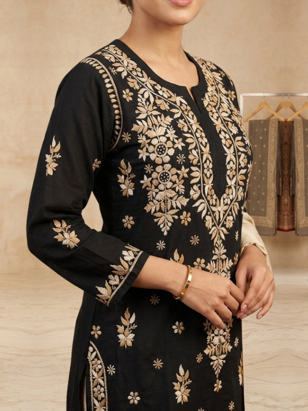 Hand Embroidered Chikankari Modal Straight Kurta PC4113 Beige