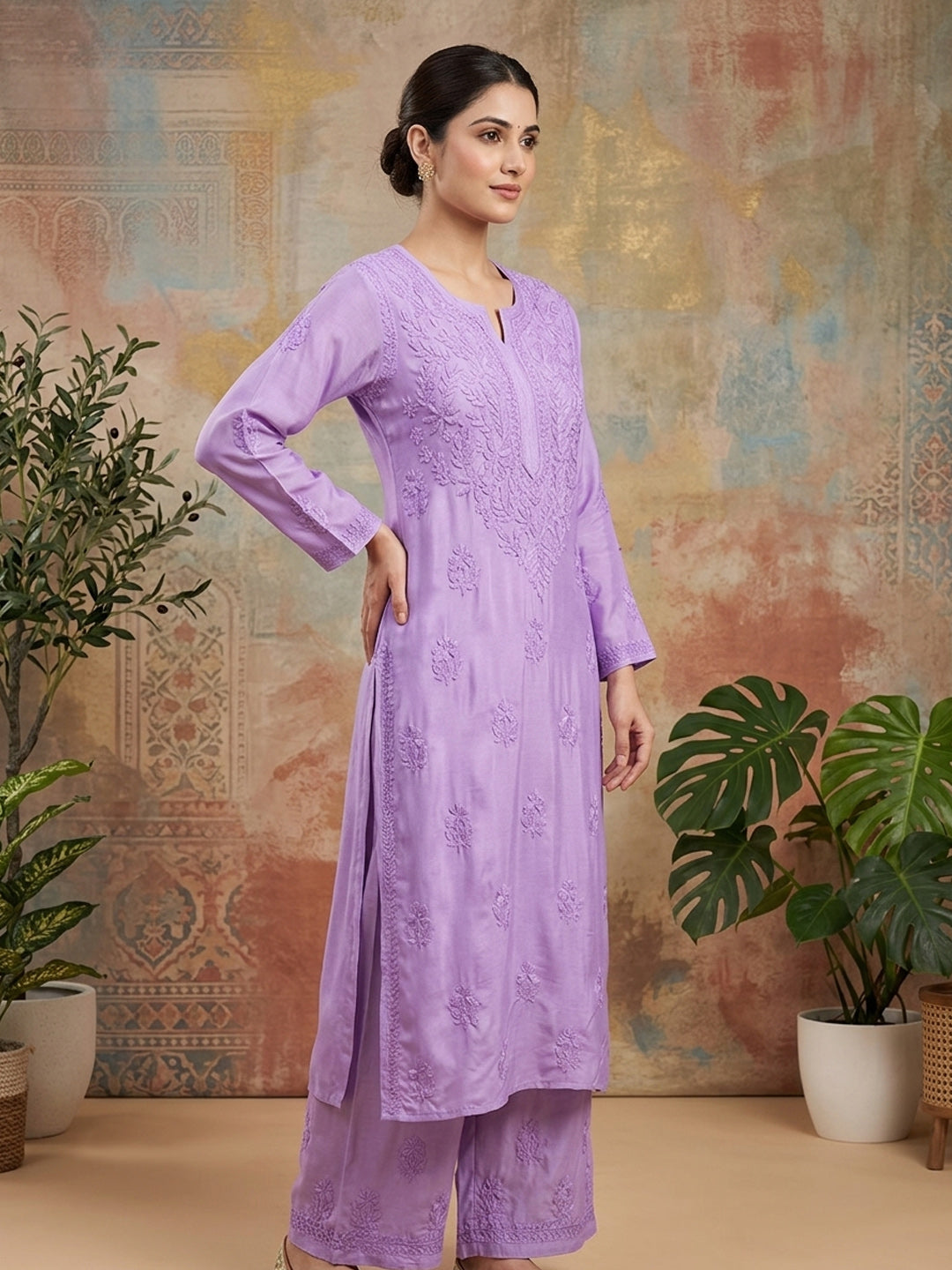 Women Hand Embroidered Chikankari Muslin Kurta Set PC4118KS-MAUVE