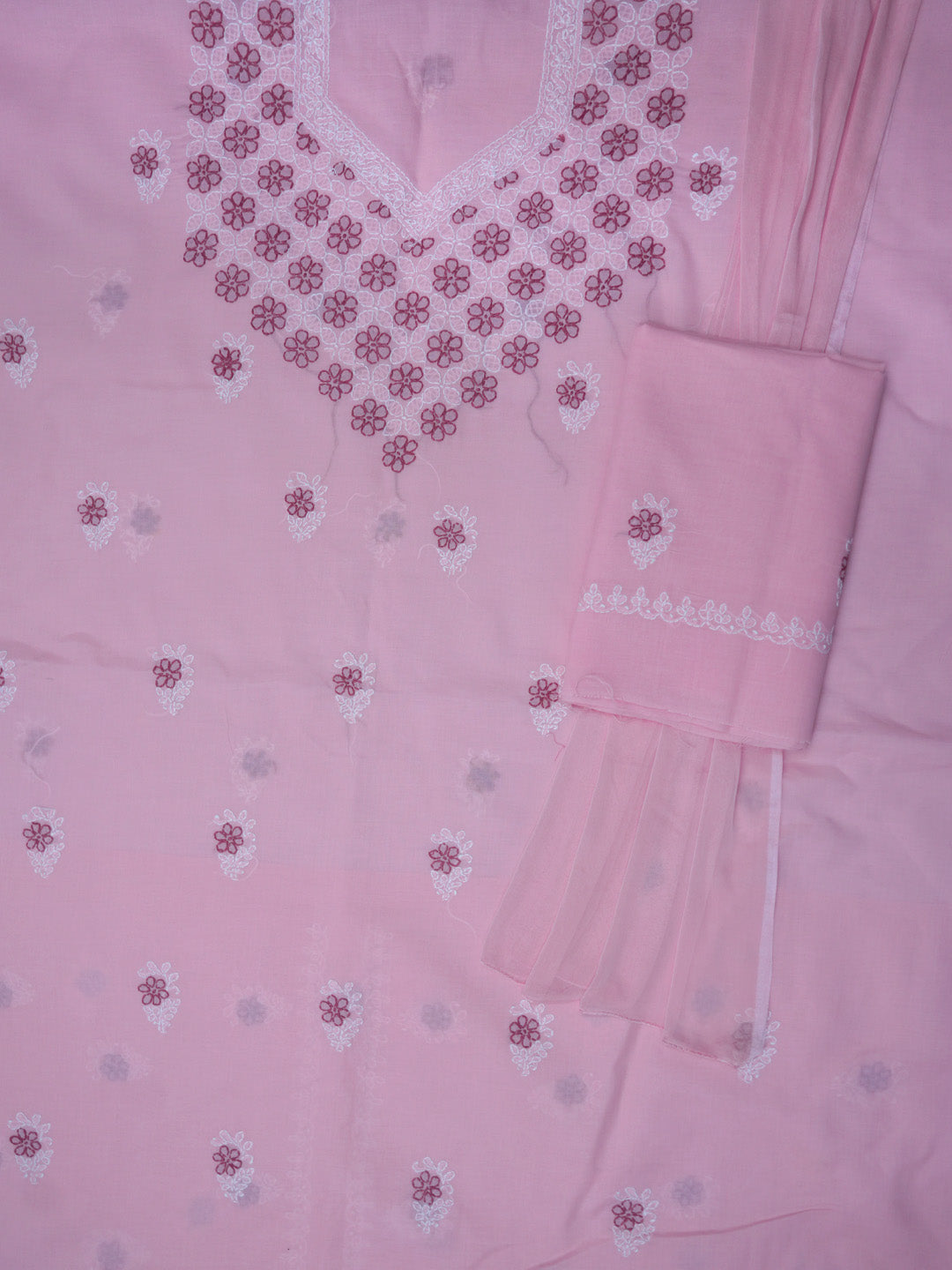 Women Hand Embroidered Chikankari Cotton Dressmaterial PCSCU00102FS-Pink
