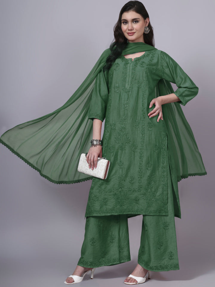 Women Hand Embroidered Chikankari Chanderi Kurta Set with dupatta PC4136KS Green